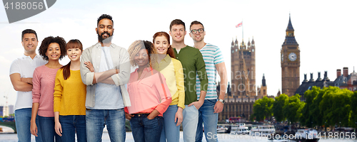 Image of international group of happy people in london