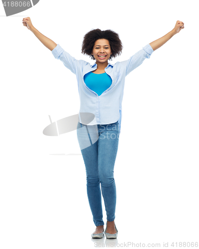 Image of happy african american young woman over white