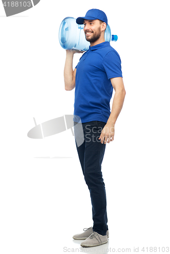 Image of happy delivery man with bottle of water