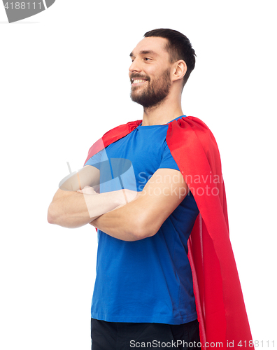 Image of happy man in red superhero cape