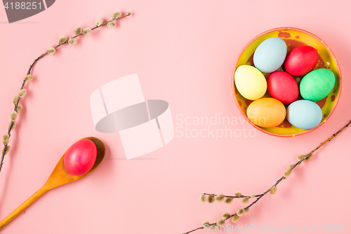 Image of The top view of easter on pink table office workplace