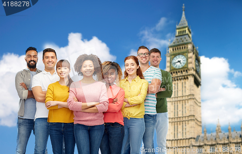 Image of international group of happy people over big ben 