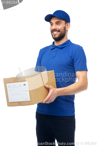 Image of happy delivery man with parcel box