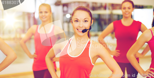 Image of group of smiling people exercising in the gym