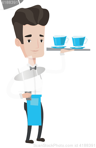 Image of Waiter holding tray with cups of coffeee or tea.