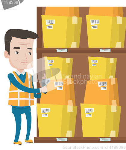 Image of Warehouse worker scanning barcode on box.