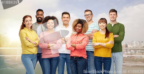 Image of international group of happy smiling people