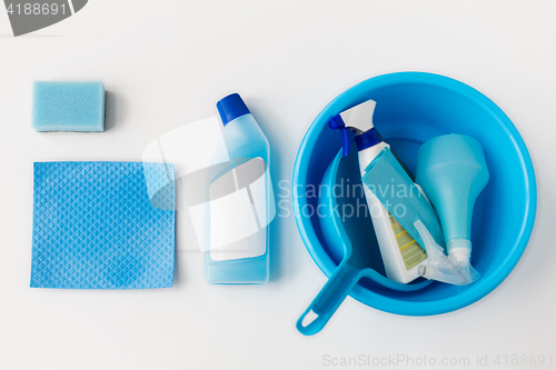 Image of basin with cleaning stuff on white background