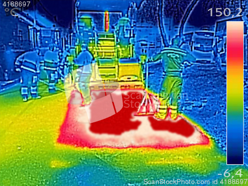 Image of Infrared thermovision image Workers on Asphalting Road street