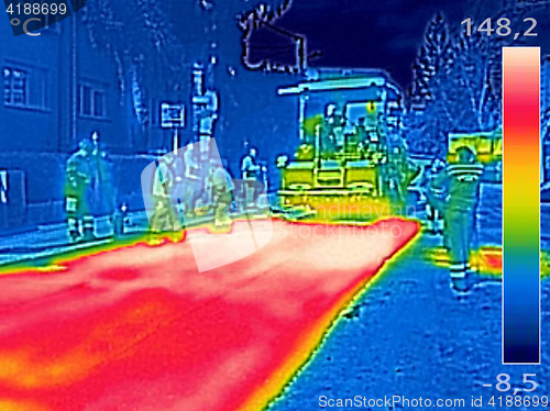 Image of Infrared thermovision image Workers on Asphalting Road street