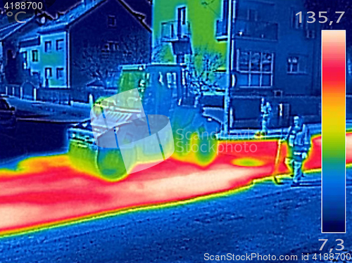 Image of Infrared thermovision image Workers on Asphalting Road street