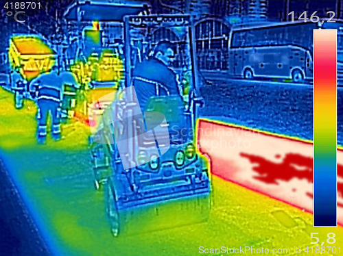 Image of Infrared thermovision image Workers on Asphalting Road street