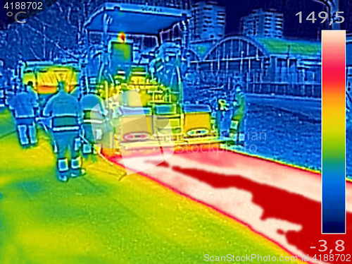 Image of Infrared thermovision image Workers on Asphalting Road street