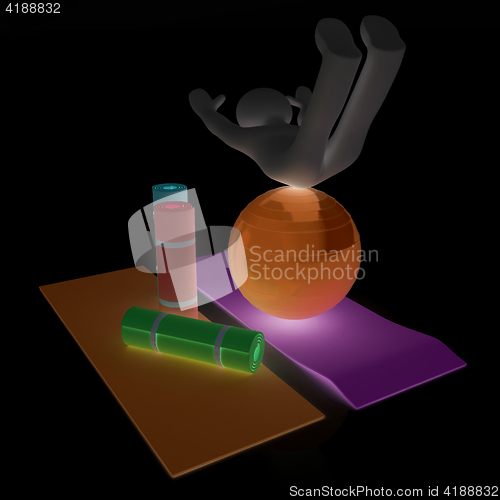 Image of 3d man on a karemat with fitness ball. 3D illustration