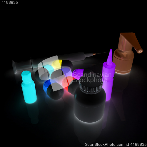 Image of Syringe, tablet, pill jar. 3D illustration