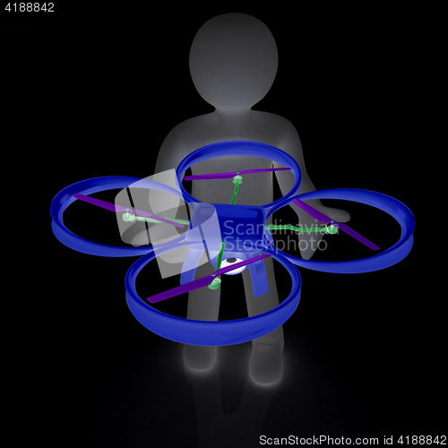 Image of 3d man with drone, quadrocopter, with photo camera. 3d render. 3