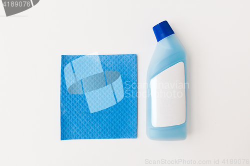 Image of bottle of detergent and blue rag on white