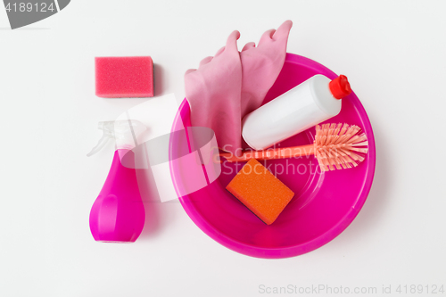 Image of basin with cleaning stuff on white background