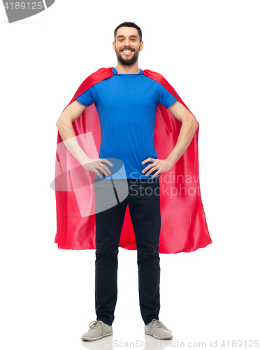 Image of happy man in red superhero cape