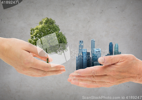 Image of hands holding green oak tree and city buildings