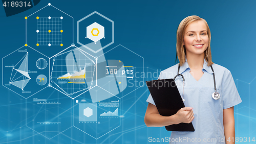 Image of smiling female doctor or nurse with clipboard