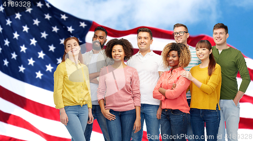 Image of international group of people over american flag