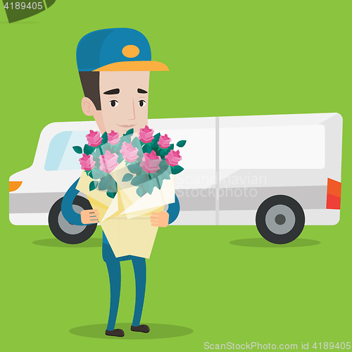 Image of Delivery courier holding bouquet of flowers.