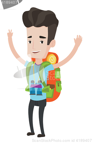 Image of Backpacker with hands up vector illustration.