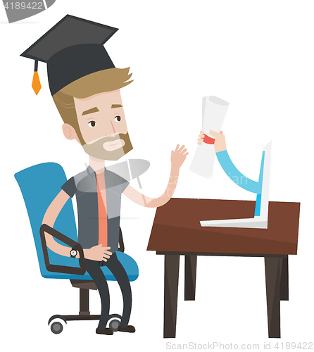 Image of Graduate getting diploma from the computer.