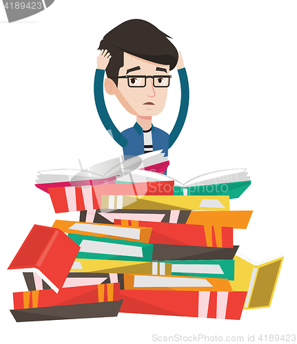 Image of Student sitting in huge pile of books.