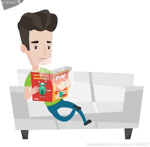 Image of Man reading magazine on sofa vector illustration.