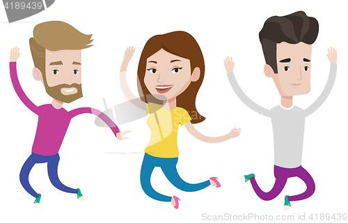 Image of Group of joyful young friends jumping.