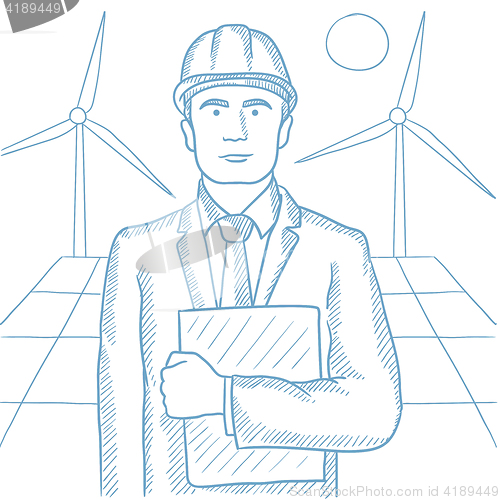 Image of Male worker of solar power plant and wind farm.