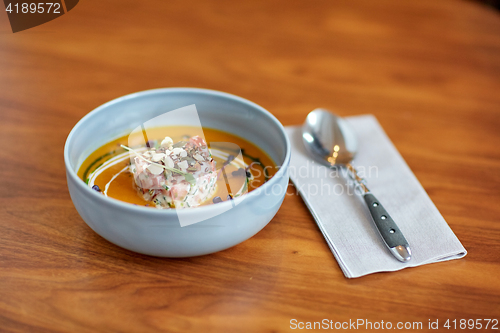 Image of close up of vegetable soup in bowl