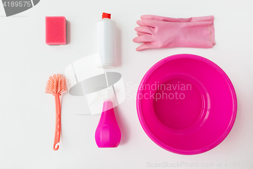 Image of basin with cleaning stuff on white background