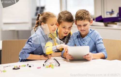 Image of kids with tablet pc programming at robotics school