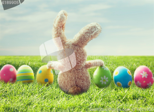 Image of close up of colored easter eggs and bunny on grass