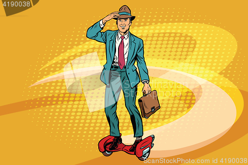 Image of Retro businessman on steampunk rocket skateboard