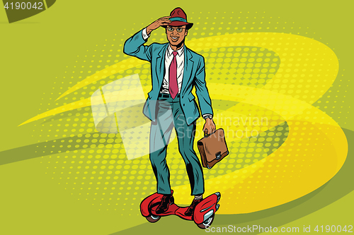 Image of Retro businessman on steampunk rocket skateboard
