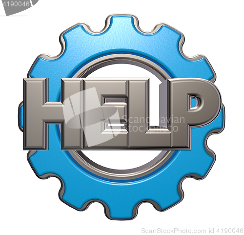 Image of the word help and gear wheel - 3d rendering