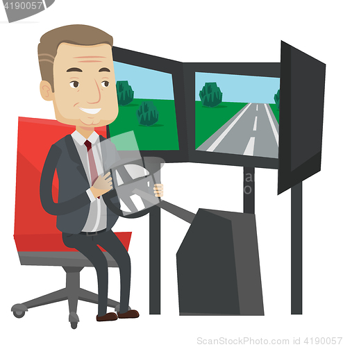 Image of Man playing video game with gaming wheel.