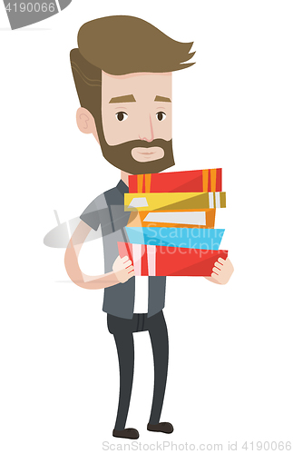 Image of Man holding pile of books vector illustration.