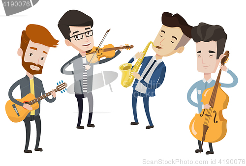 Image of Band of musicians playing on musical instruments.