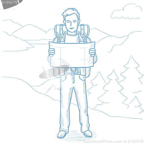 Image of Traveler looking at map vector illustration.