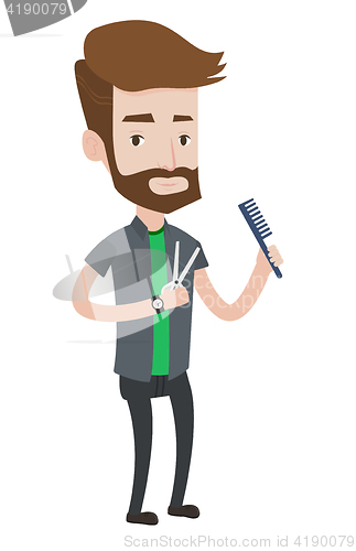 Image of Barber holding comb and scissors in hands.