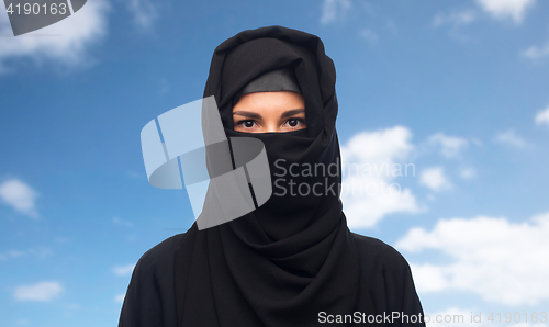 Image of muslim woman in hijab over white background