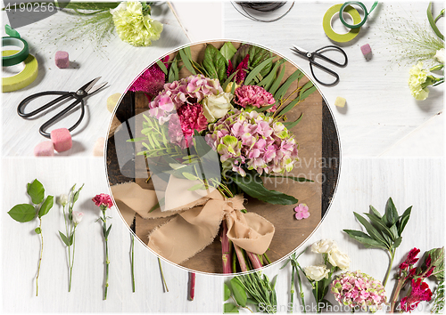 Image of The florist desktop with working tools