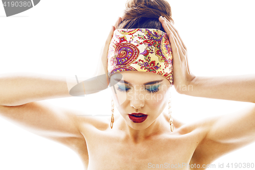 Image of young pretty modern girl with bright shawl on head emotional posing isolated on white background, asian people ethnicity