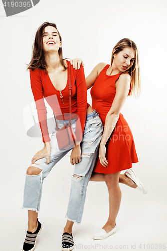 Image of best friends teenage girls together having fun, posing emotional on white background, besties happy smiling, lifestyle people concept