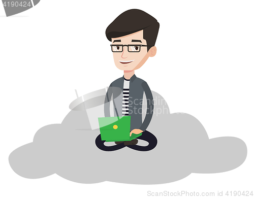 Image of Businessman sitting on cloud with laptop.